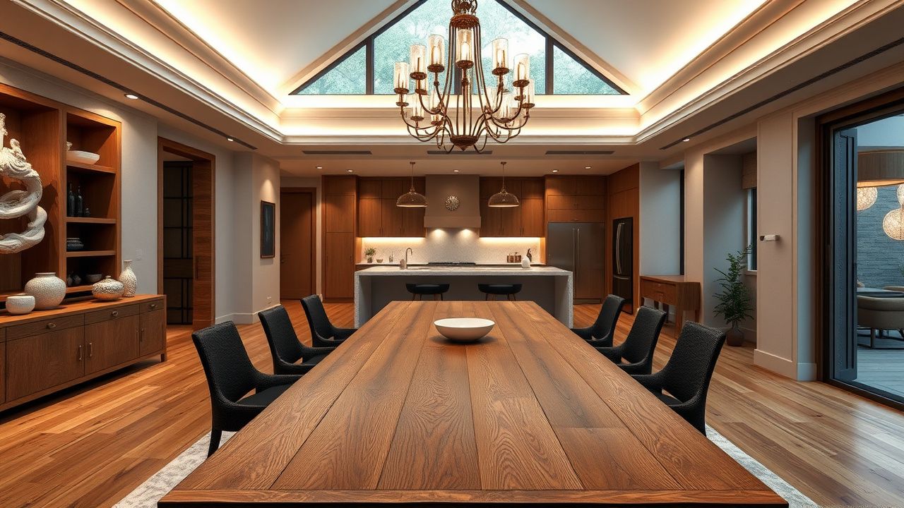 Интерьер загородного дома — гостиная с высокими потолками, деревянные балки, панорамные окна