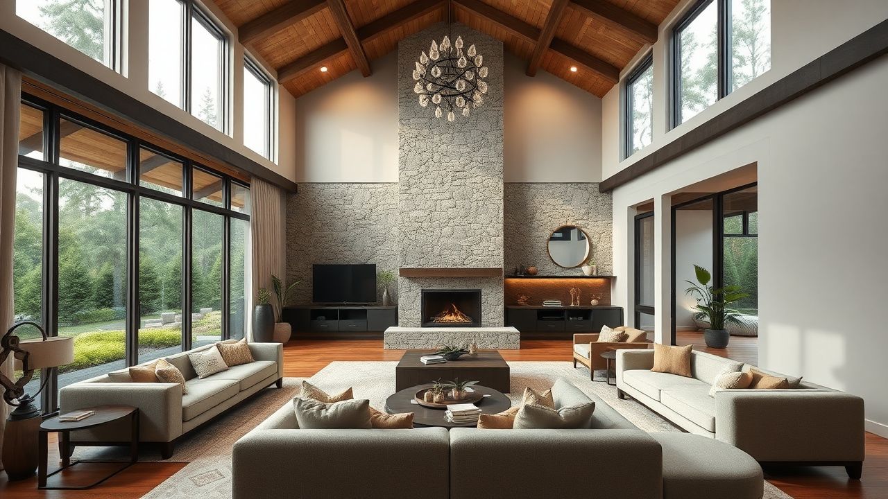 Дизайн интерьера частного дома в Тбилиси — просторная гостиная с панорамными окнами и натуральным камнем