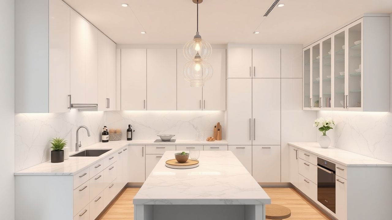 Дизайн кухни квартиры — белые шкафы, мраморная столешница, подвесные светильники