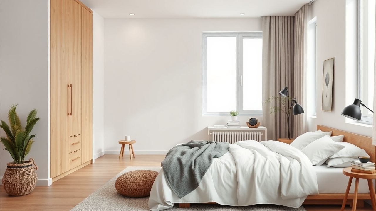 Дизайн спальни — скандинавский минимализм, натуральные материалы, мягкое освещение