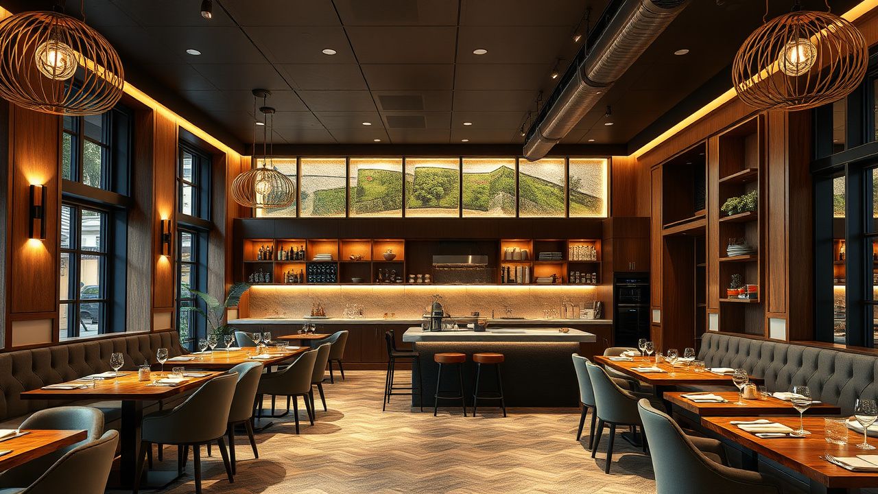 Дизайн кафе в Тбилиси — тёплое освещение, деревянные поверхности, открытая кухня