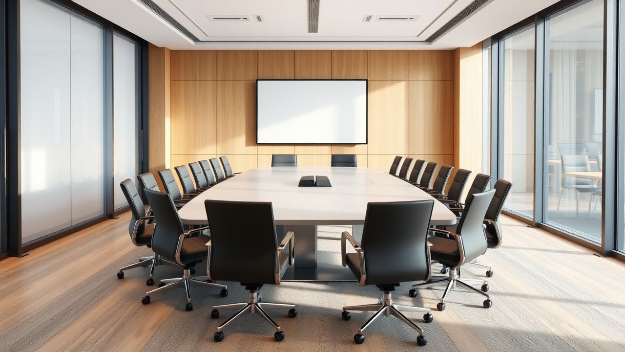 Дизайн переговорной комнаты в офисе Тбилиси — стеклянные перегородки, длинный стол