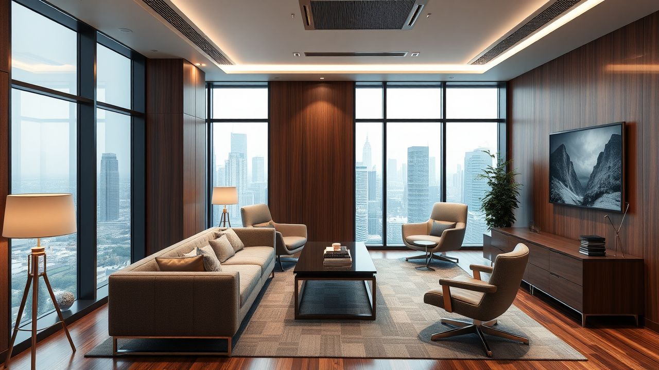 Рецепция офиса в Тбилиси — брендированная стойка, логотип компании, стильное освещение